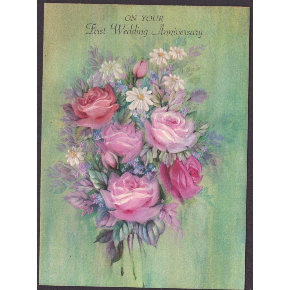 Vintage Hallmark First Wedding Anniversary Card Pink Roses Daisies Unused